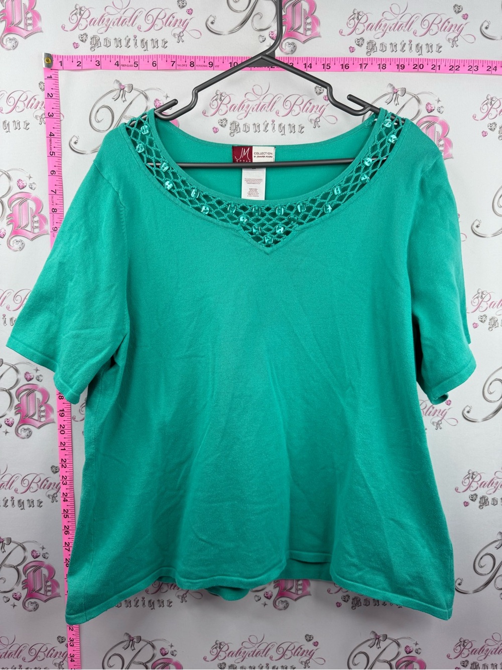Jennifer Moore shirt beaded Teal Short Sleeve Top with Crochet-Trim Neckline